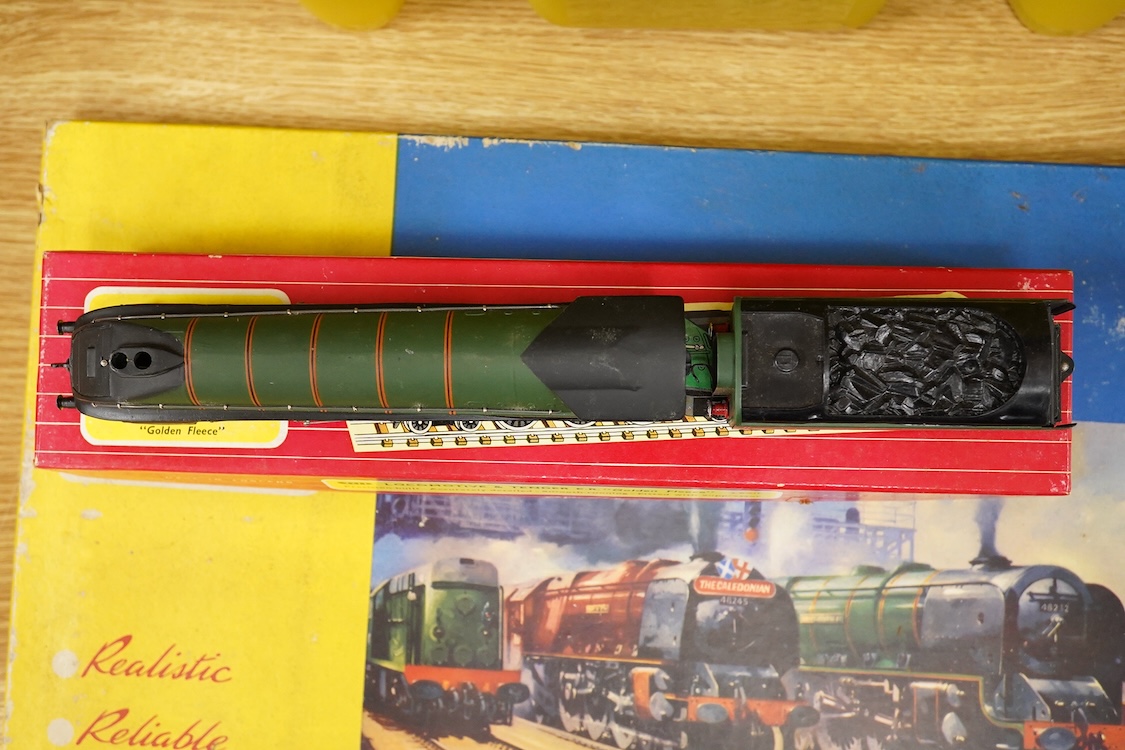 A collection of Hornby Dublo for 2 rail running, including; a boxed BR class A4 4-6-2, Golden Fleece 60030, (2211), together with three boxed bogie coaches and two wagons, plus four unboxed wagons, and a complete box set